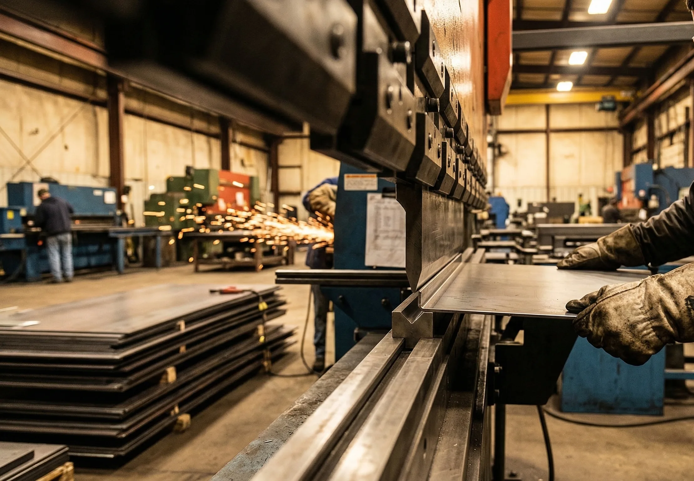 Steel being press brake formed in the fabrication shop
