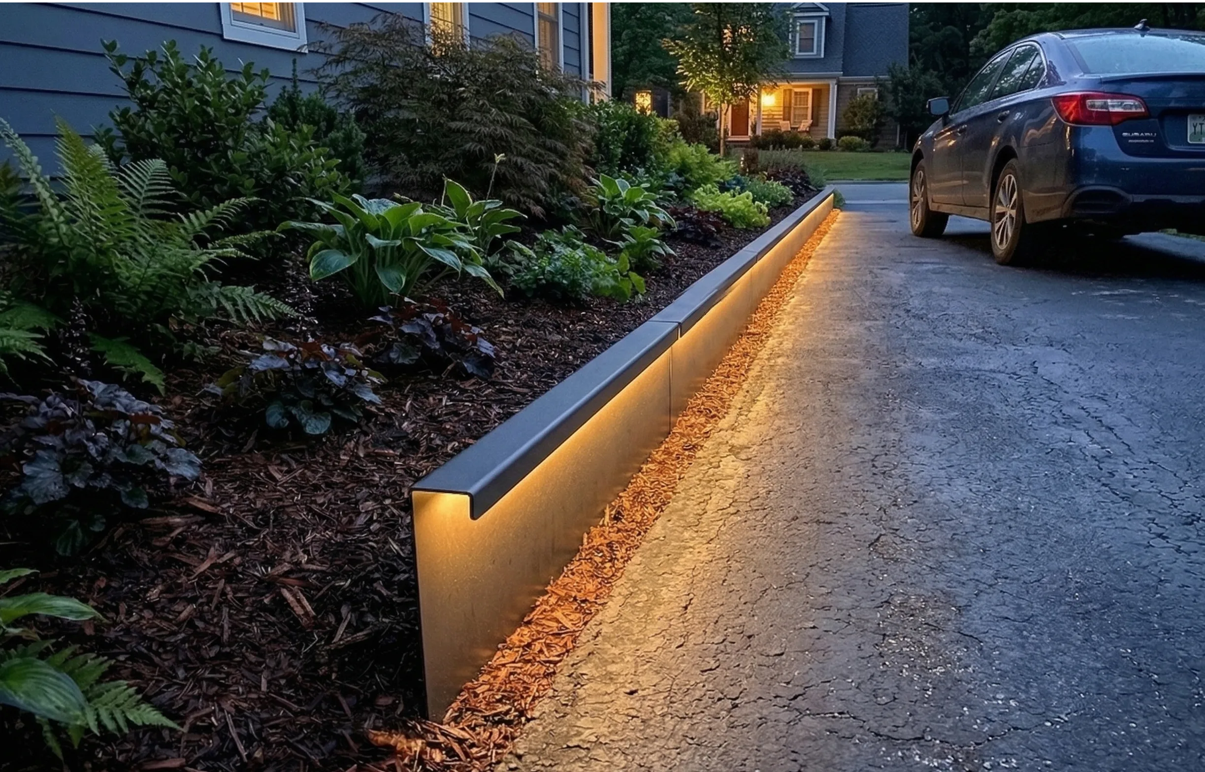 The Ridgeline glowing warm amber along a garden bed at dusk
